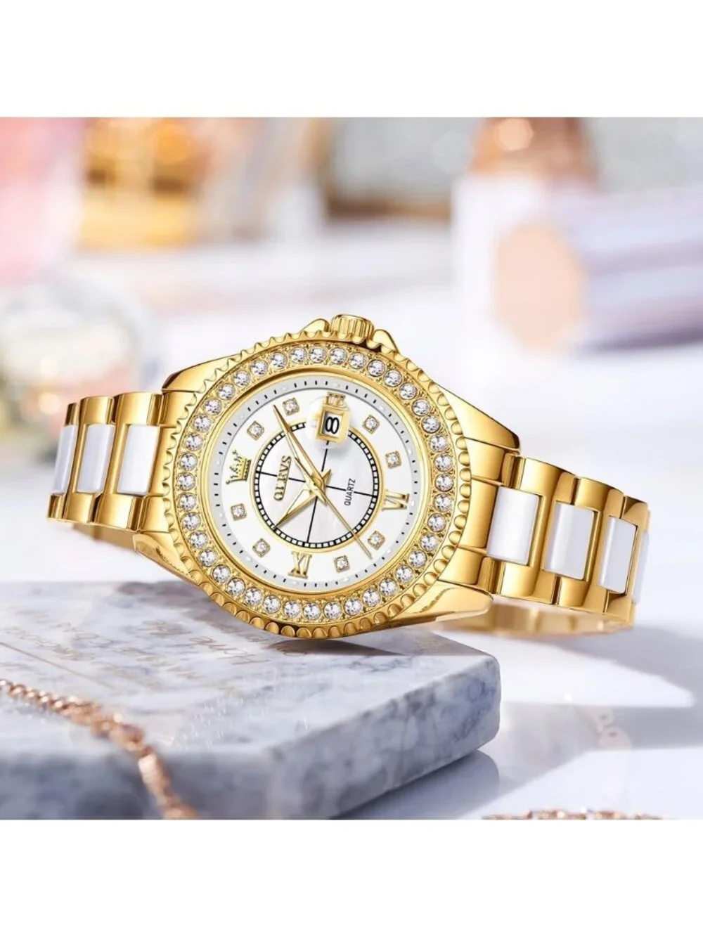 Women's Gold White Dial Fashion Stainless Steel Waterproof Date Wrist Watches